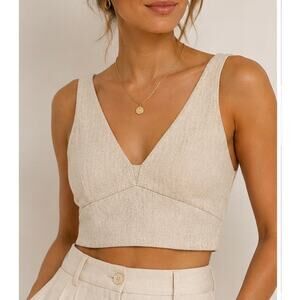 Banana Republic Linen Blend Cropped Tank Top Beige Herringbone Size 14 Coastal